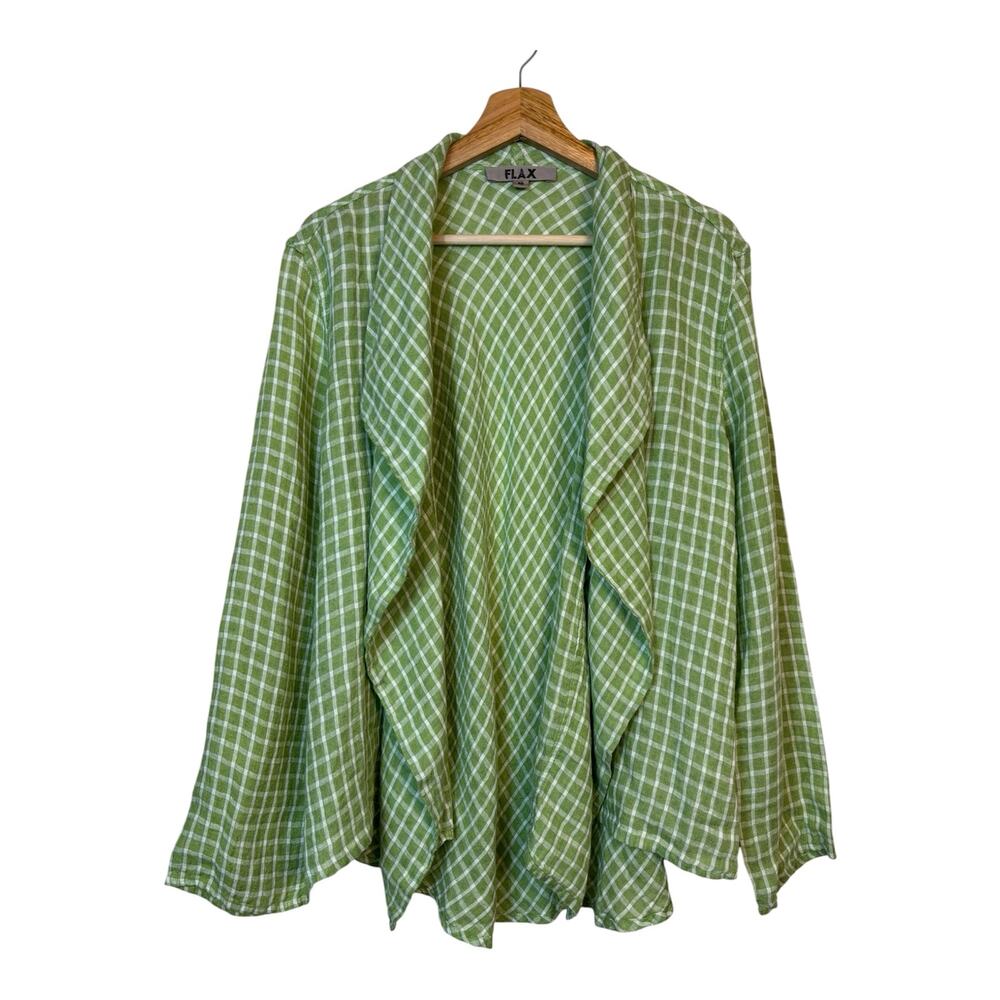 FLAX Checkered 100% Linen Open Front Cardigan Medium Art to Wear Lagenlook